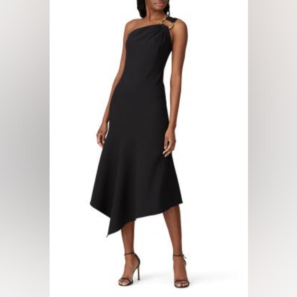 Shoshanna Midnight Eonia Black Crepe Assymetric Hourglass Midi Cocktail Dress 4